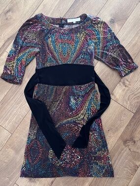 Trina Turk Multicolor Pattern Silk Midi Dress with Black Waist Panel